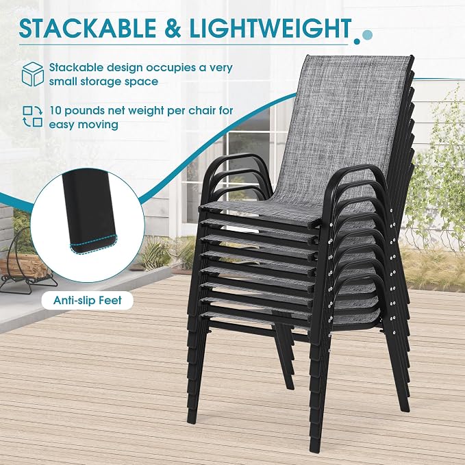 Outdoor Stackable Chairs Set of 8, Stacking Patio Chairs with Textilene Fabric, Outside Furniture for Garden Backyard Balconie Poolside Deck, Grey - Image 5