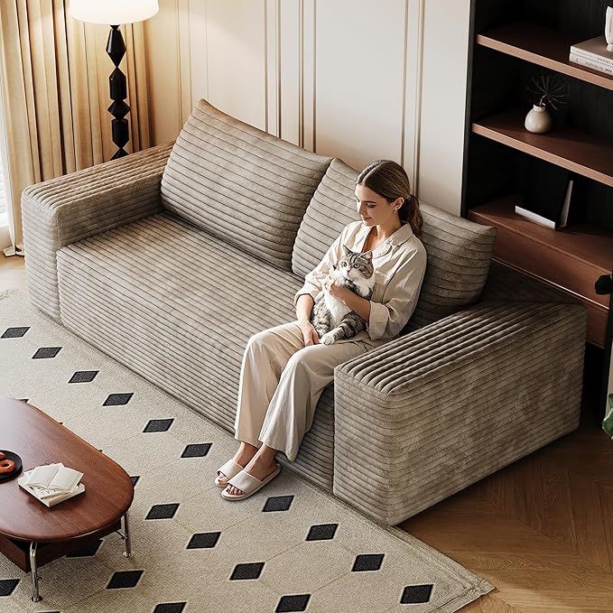 3 Seater Couch for Living Room, 71.3 INCH Fluffy Corduroy Boneless Couch Cloud Loveseat with Wide Armrest, Upholstered Floor Sofa in A Box, No Assembly Required