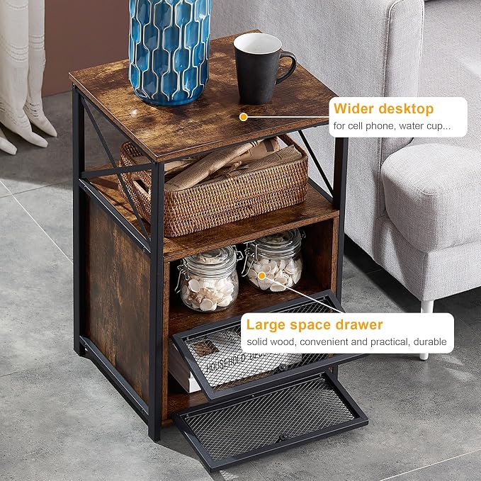 VECELO End Table with flip Drawer and X-Design Side, Modern Style and studry Nightstand for Bedroom Office, Easy Assembly,Set of 2,Retro Brown - Image 5