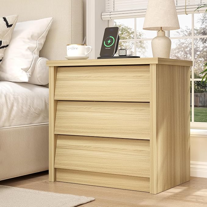 23" Wide Nightstand Set of 2 with Charger Station, Modern Night Stand with 3 Drawers, Wood End Table with USB Ports and Outlets, Storage Bedsides Table for Bedroom, Hallway (Natural) - Image 6