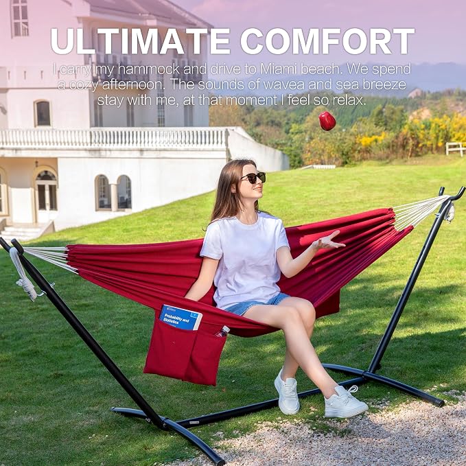 PNAEUT Double Hammocks with Stand for Outside, Portable Space Saving Heavy-Duty Steel Stand for Indoor Outdoor Patio with Carrying Bag, 450 lbs Capacity (Cherry) - Image 2