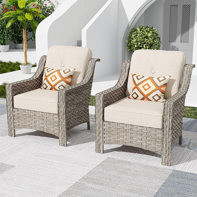 HOOOWOOO 2 Piece Patio Chairs Set,Outdoor Wicker Chairs,All Weather Resistant High Back Rattan Deck Chairs Matching Furniture(Beige Tan)