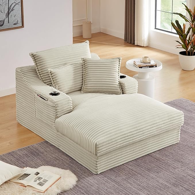 47 Inches Oversized Chaise Lounge Chair Indoor, Fluffy Corduroy Upholstered Boneless Sleeper Sofa Couch with Cupholders and 3 Throw Pillows, Deep Seat Lazy Lounger Cloud Couch Bed