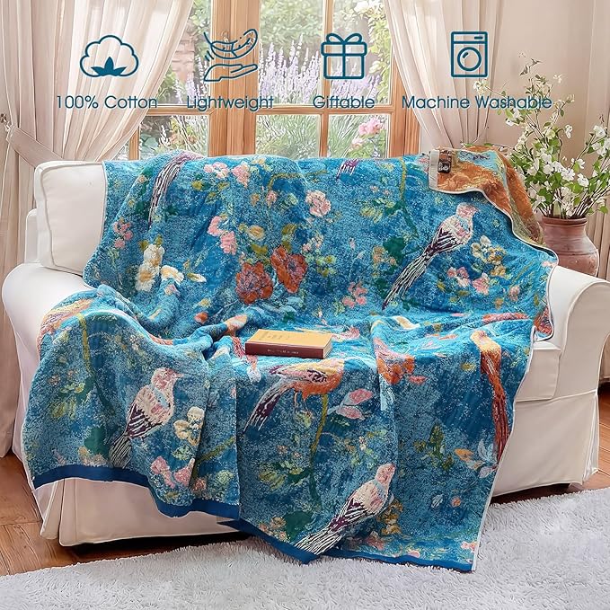 Boho Throw Blanket - 100% Cotton Ultra Soft Muslin Spring Blanket, 50"x60" Lightweight Floral Bird Printed Framhouse Bedding Blanket for Bed, All Season Blue Bohemian Bedroom Home Decor Quilt