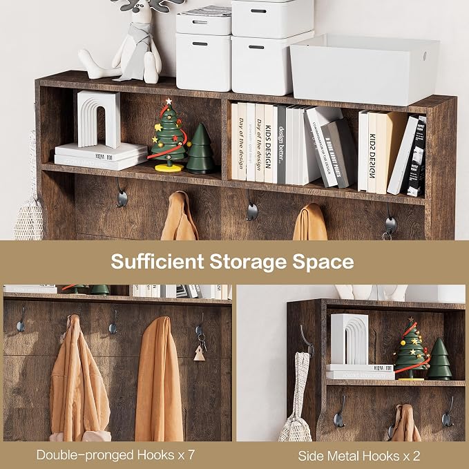 71" Hall Tree with Bench and Shoe Storage, Entryway Hall Tree with 2 Doors and 6 Adjustable Shelves, Cushioned Storage Bench with Coat Rack for Hallway, Living Room, Mudroom - Image 3