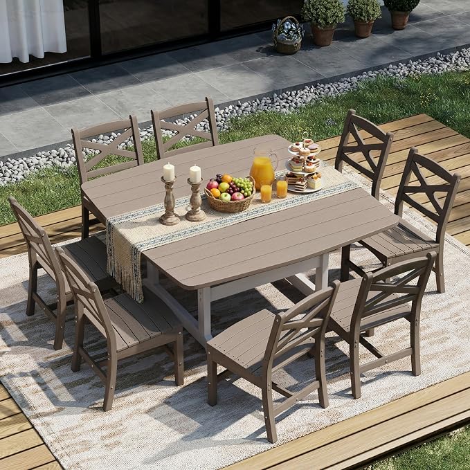 Outdoor Dining Set, HDPE 9-Piece Patio Table and Chairs Set, All-Weather Outdoor Dining Table Set for 8 with Umbrella Hole, Durable Patio Furniture Set with Chairs,White Brown - Image 2
