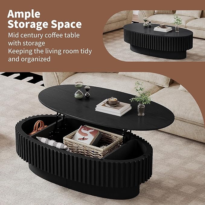 Oval Lift Top Coffee Table with Storage, Modern Drum Center Table with Hidden Compartment for Living Room, Lift Tabletop Fluted Minimalist Wood Dining Table for Home Office - Black
