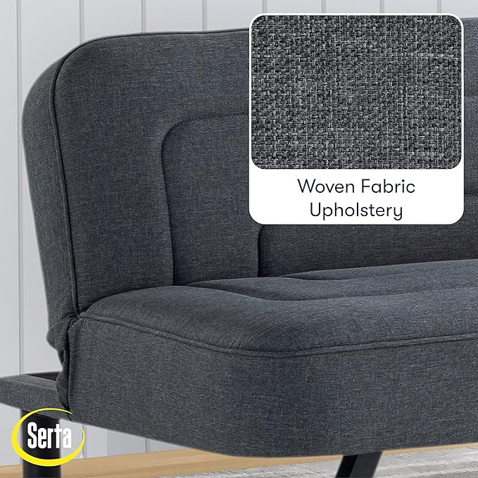 Serta Fairwood 66.1" Convertible Futon Sofa, Short Twin Size, Modern Boho, Dream Coil Comfort, Fingerguard Pinch Point Protection, Soft Woven Polyester Fabric, Charcoal