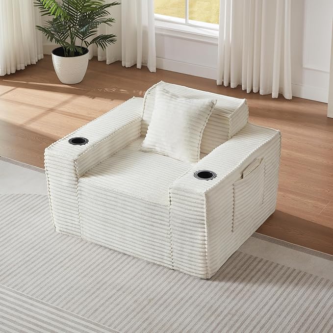 Cloud Loveseat Boneless Sofa Couch in a Box with Cupholders, Modern Corduroy Compressed Sofa for Living Room, High-Density Foam Couch with Pillows, No Assembly Required