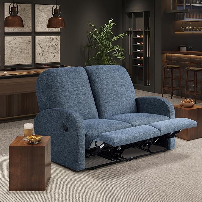 Relax-A-Lounger® Palmdale 58.3" Rocker Manual Pull-Handle Loveseat Recliner, Soft Modern, Pocket Coil Comfort, Black Metal Base Leg, Soft Chenille Fabric, Blue