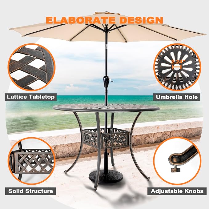 NUU GARDEN 5 Piece Cast Aluminum Outdoor Patio Dining Set, Round Patio Dining Table with 2.24" Umbrella Hole and 4 Patio Dining Chairs with Cushions for Garden, Balcony, Bronze and Beige - Image 7