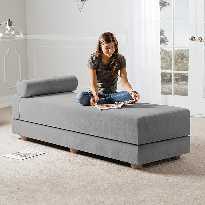 Jaxx Alon Daybed - Fold-Out Sleeper Chaise with Premium Memory Foam Queen-Size Mattress - Made in The USA, Grey