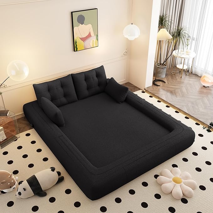 KEIKI 78.7" Foldable 3-in-1 Multi-Functional Sleeper Sofa Bed, Convertible Foam-Filled Floor Couch for Adults, Human-Sized Dog Bed, Teddy Fabric, Black