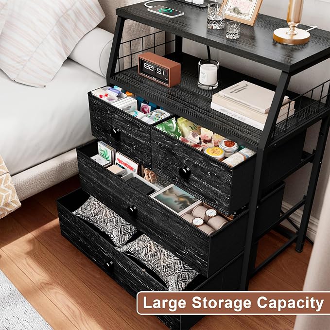 EnHomee Nightstands Set of 2, Bedside Table with Charging Station & LED Lights, End Table with 4 Fabric Drawers, Furniture for Bedroom, Dorm, Closet, Entryway, Wood Top, Black - Image 5