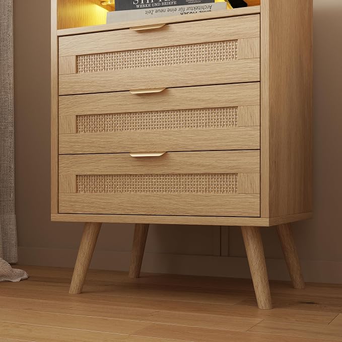Halitaa Rattan Nightstands Set of 2 with Charging Station and Led Lights and 3 Drawers, Boho Night Stand Set 2 with Open Storage, Rattan Bedside Table Side Table, End Tables for Bedroom, Light Wood - Image 3