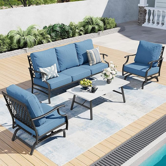 4 Piece Metal Outdoor Patio Furniture Set, Patio Conversation Set 1 3-seater Sofa, 2 Rocking Chair with 5.75" Extra Thick Cushion and Coffee Table, Black Frame Backyard Furniture, Navy