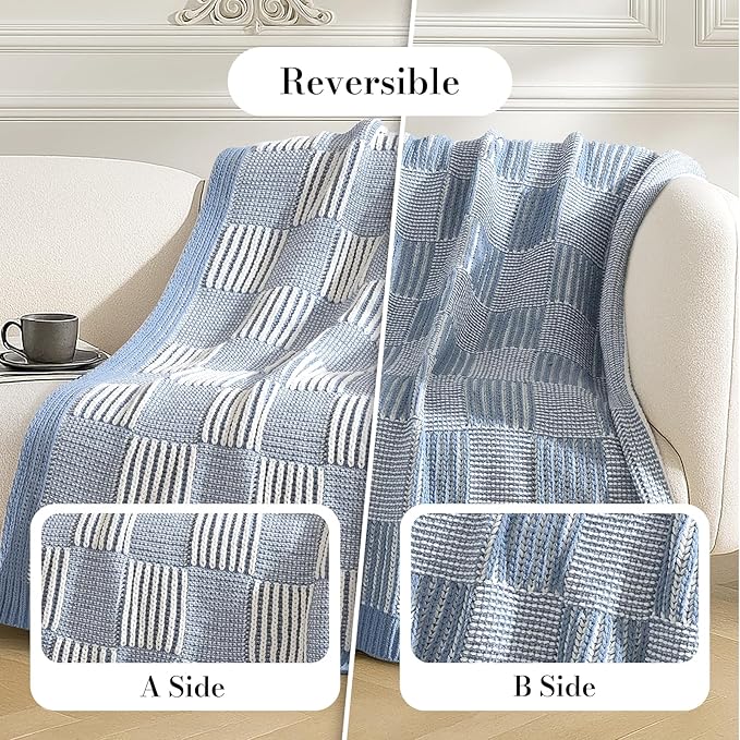 Amélie Home Knit Throw Blanket, Soft Chenille Cozy Breathable Pineapple Chunky Decorative Blanket for Couch, Bed & Sofa, French-Inspired Lightweight Warm Gift for Women, Washed Blue, 60"x80"