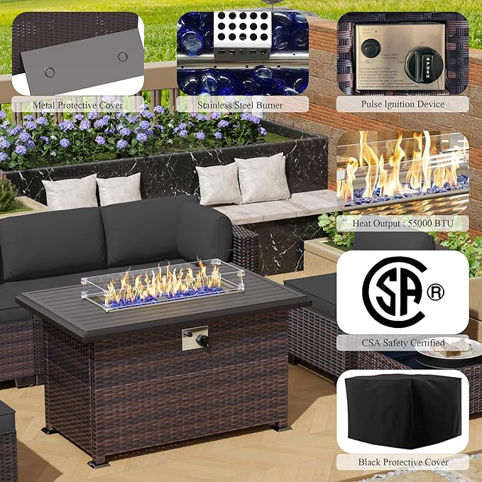 15 Pieces Outdoor Patio Furniture Set,Outdoor Sectional Furniture with 43" 55000 BTU Gas Propane Fire Pit Table,All Weather PE Rattan Wicker Patio Conversation Set,Grey