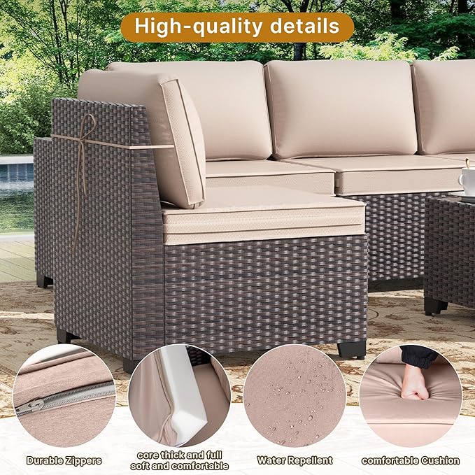 Gotland 10 Pieces Patio Furniture Set with 2 Swivel Rocking Chairs 1 Fire Pit Table, Patio Furniture in 4 Combinations with 1 Coffee Table Wide Armrests 29.5'' High Backrest,for Deck Garden Pool Khaki