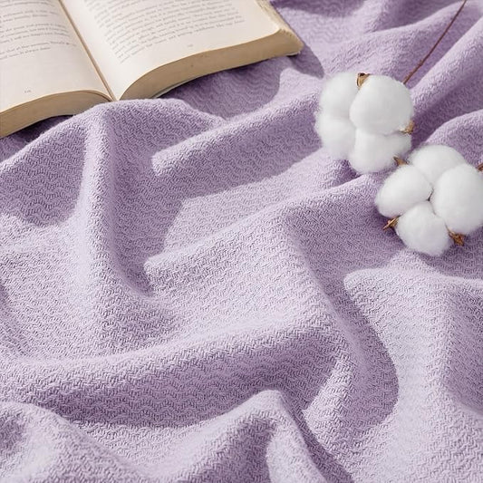 Bedsure GentleSoft 100% Cotton Large Throw Blanket for Couch 50x70 inches - Breathable and Lightweight, Soft Cozy Herringbone Woven Cotton Throw for Summer, Light Purple Office Chair Blanket