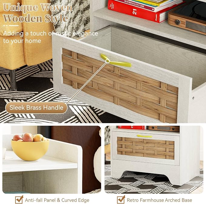 24" Rattan Nightstand, Boho Night Stand with Open Storage, White Bedside Table with Drawer, Bed Side End Table Dresser for Bedroom, Living Room, Hallway - Image 4