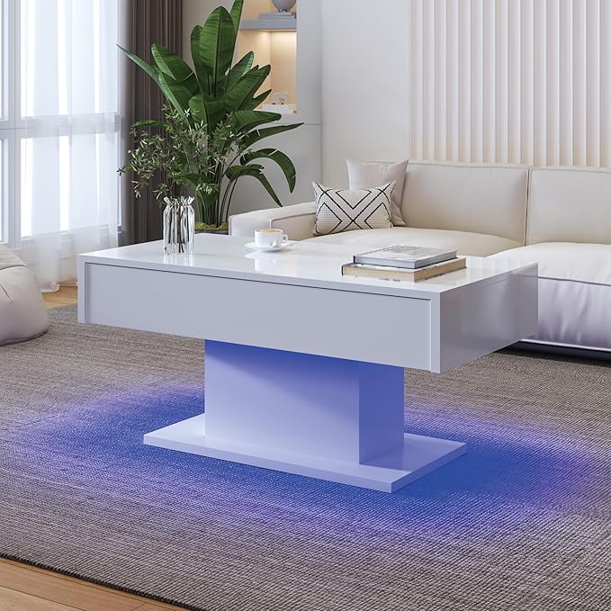 White Modern Coffee Table with Hidden Storage for Living Room, Living Room Table Rectangular Center Tables Sliding Top with LED Lights, Wooden Cocktail Table for Reception Room