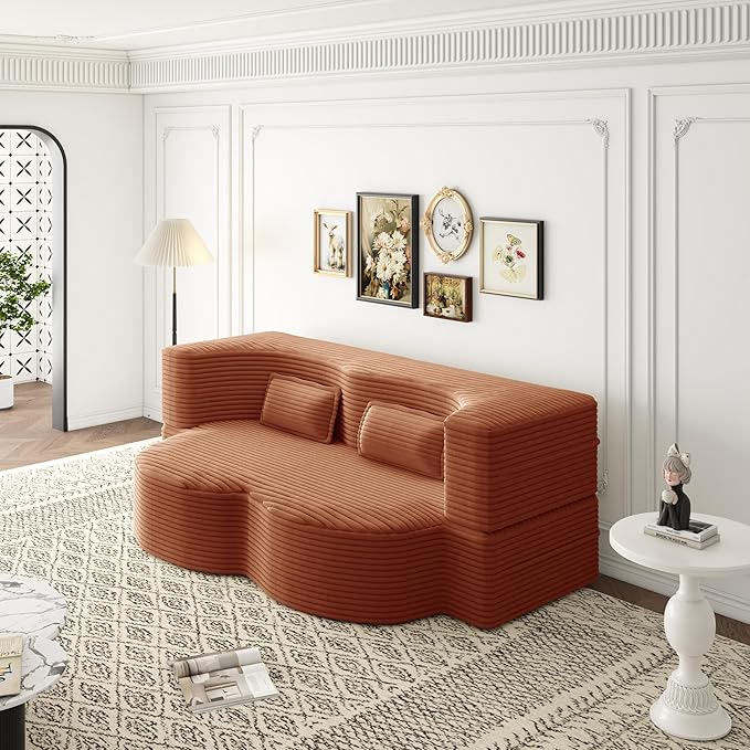 KEIKI Floor Sofa Bed with 2 Pillows, Convertible Corduroy Couch, 15" Foam Folding Mattress Sleeper Floor Sofa for Adults, Lounge Bed, Orange