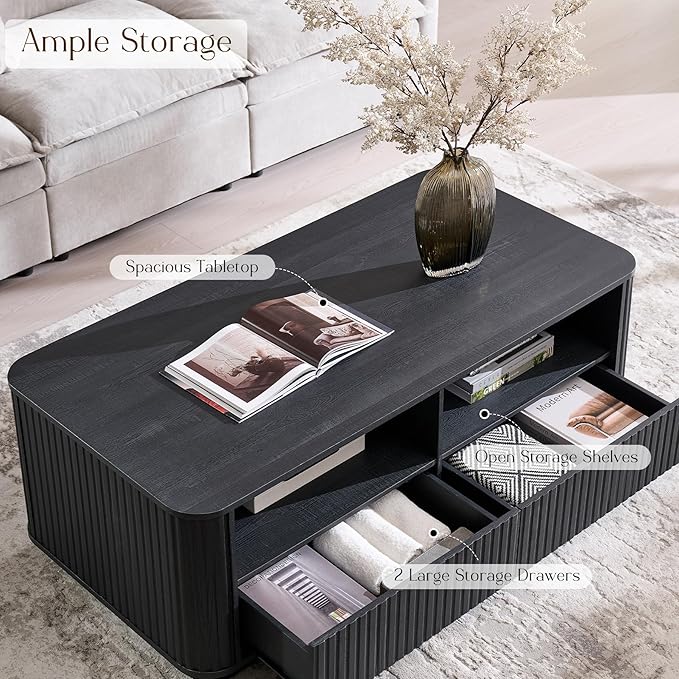 ACCOHOHO 51" Fluted Coffee Table with Storage, Large Modern Center Table with 2 Drawers, Rectangle Wood Coffee Table for Living Room