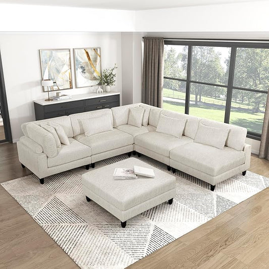 Lexicon 120 Inch Modular Sectional Sofa - Oversized 6 Seater Microfiber L Shaped Sectional Couch with Ottoman, 7 Accent Pillows, and Flexible Arrangement for Modern Living Rooms, Beige