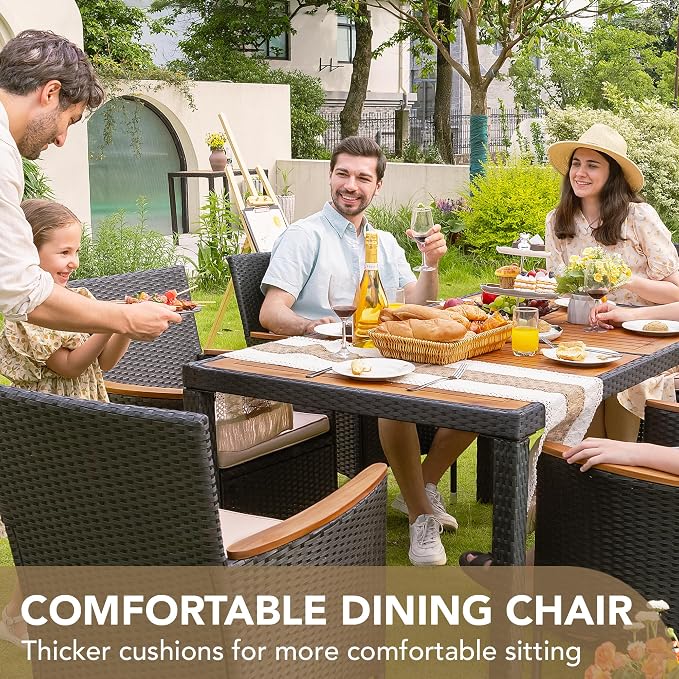 Devoko Dining 7 PCS Furniture, Patio Conversation Set with Acacia Wood Table Top, Outdoor, Beige Cushion and Black Rattan - Image 7