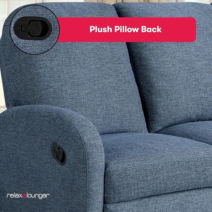 Relax-A-Lounger® Palmdale 79.6" Rocker Manual Pull-Handle Sofa Recliner, Soft Modern, Pocket Coil Comfort, Black Metal Base Leg, Soft Chenille Fabric, Blue