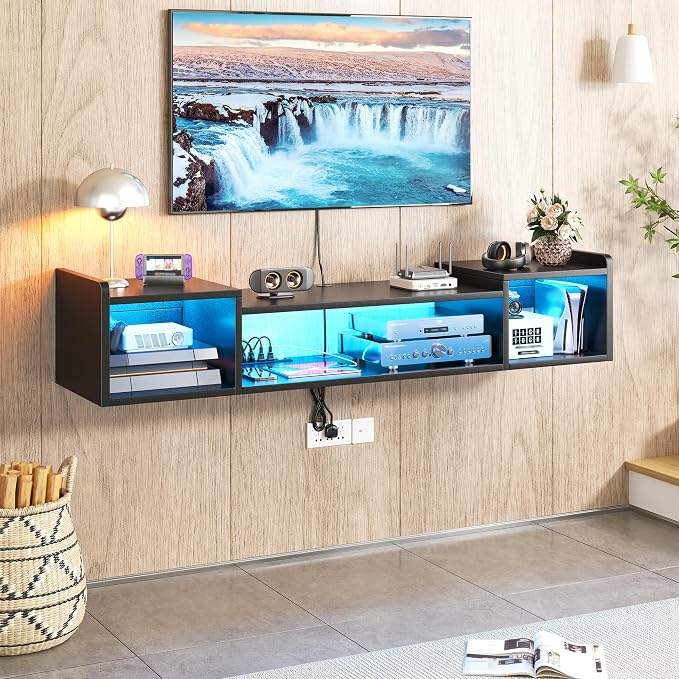 55.1"W Floating TV Stand with LED Lights & Power Outlets for 50 55 60 65 Inch TV Wall Mounted Entertainment Center with Storage for Living Room Wood Media Console Shelf Black TV Shelf Wood for Bedroom - Image 8