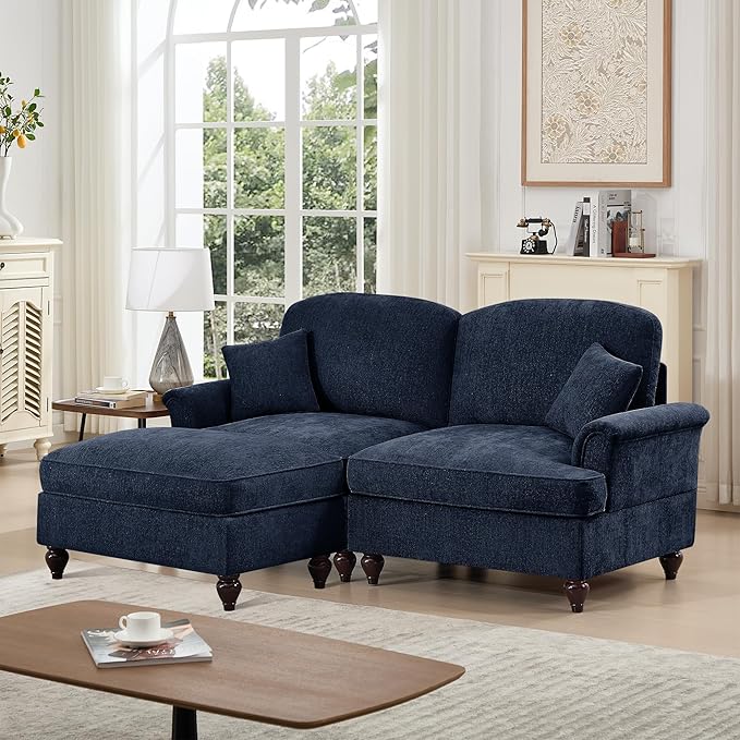 KEIKI Mid Century Modular Sofa with Flared Arms and Skirted Design, 76" Loveseat with Ottoman Chenille L-Shaped Sectional Couches for Living Room, Small Home Soft Chaise Lounge Indoor, Blue