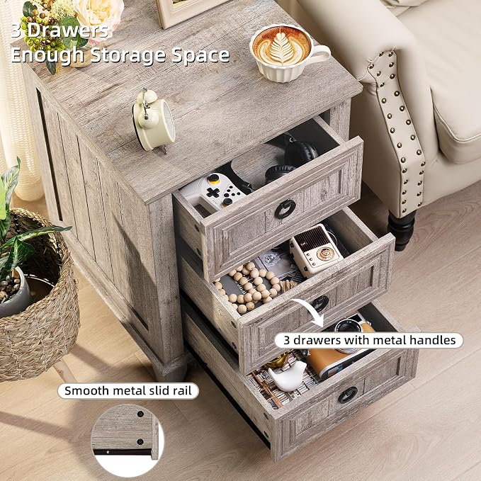 Joaxswe Farmhouse Night Stand Set of 2, 18" End Table with 3 Drawer Metal Handle, Dresser for Bedroom, Sofa Bed Side Table Chest of Drawers,Wood Nightstand Cabinet for Organizer, Living Room-Oak - Image 6