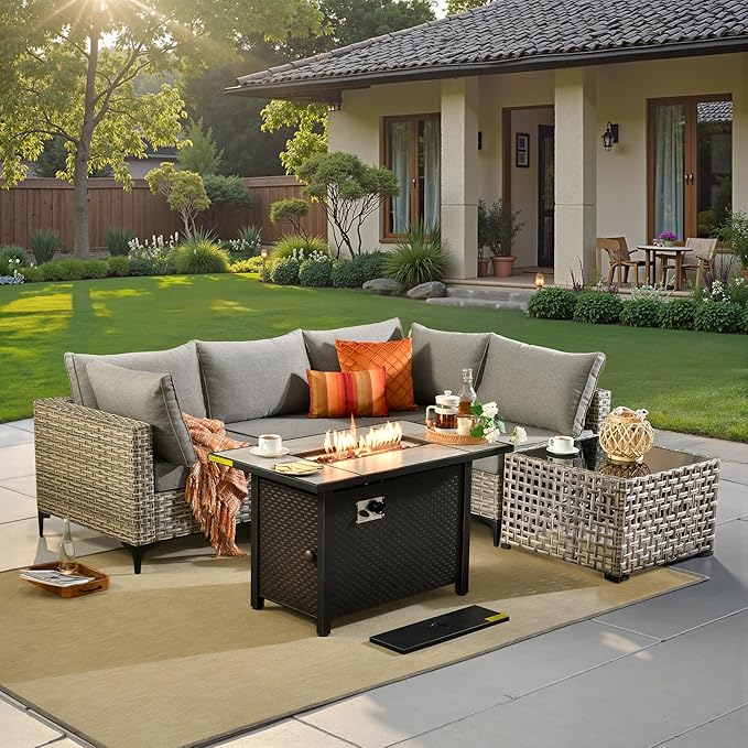 6 Pcs Patio Furniture with Fire Pit Table, Outdoor Rattan Wicker Conversation Set with Glowing Coffee Table, Comfy Sectional Sofa for Porch Balcony Backyard Pool, Grey