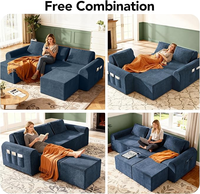 Cloud Modular Sectional Sofa, No Assembly Deep Seat Chenille Couch with 2 Ottomans, 3-Seater Modular Sofa for Living Room, Blue