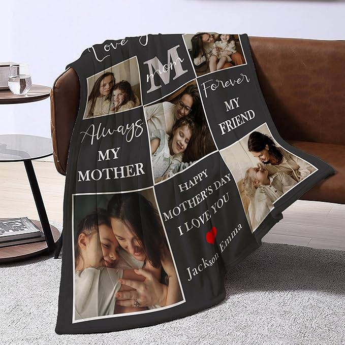 Personalized Mothers Day Birthday Gifts for Mom, Mothers Day Blanket Gifts from Daughter Son Kids Husband, Custom Blanket with Photos Text, Customized Christmas Anniversary Ideas Gifts for Mom Wife