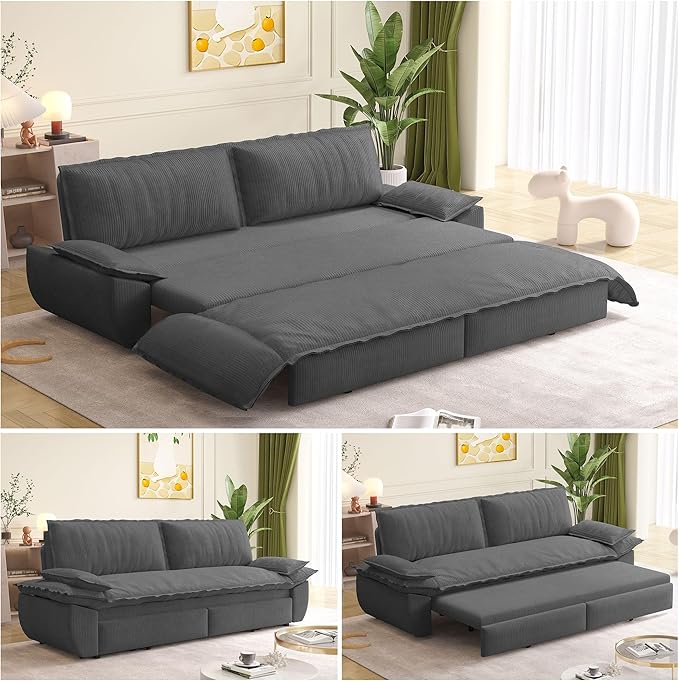 73.2" Queen Size Pull Out Sofa Bed, 3-in-1 Convertible Sleeper, Corduroy Loveseat for Living Room, Apartment, Bedroom Small Spaces, Dark Grey (Mattress & Bedding Not Included)