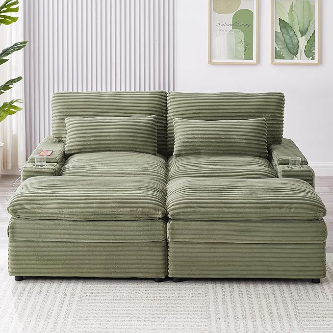 Modular Sectional Sofa Convertible Loveseat Couch,2-Seater Deep Seat Loveseat Sofas Fluffy Corduroy Cloud Couches with Movable Ottoman, Storage Armrest,USB Ports, Cup Holders