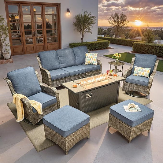 ovios 7-Piece Patio Furniture Set with Swivel Chairs Coffee Table, Outdoor Wicker Sofa with 54" Fire Pit Table, High Back Couch Modern Conversation Sets, Grey/Denim Blue