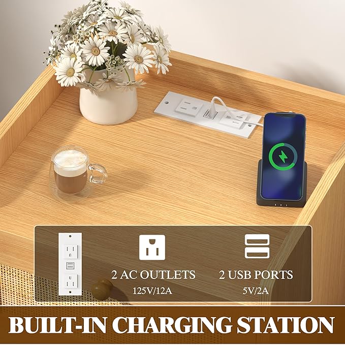 Nightstands Set of 2, Small Night Stands with Charging Station, Wood Rattan Bed Side Table Sets with 2 Drawers & Solid Wood Legs,Boho End Tables for Bedroom, Living Room, Sofa,Small Space - Image 3