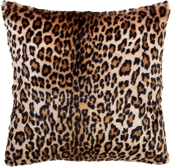 SARO LIFESTYLE Guépard Design Cheetah Print Faux Fur Polyester Pillow with Down Filling, 18", Brown