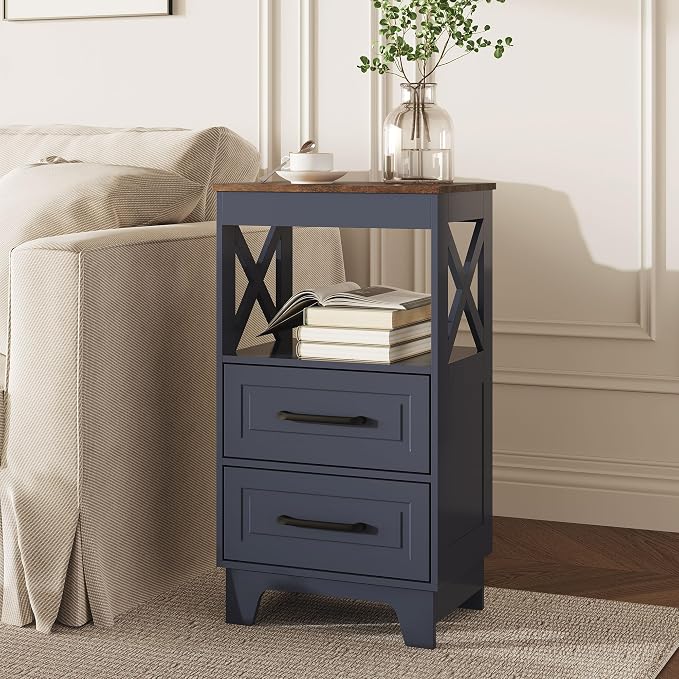 Tall Nightstand Set of 2 Side Table with 2 Drawers Modern Night Stand Wooden Rustic End Table Bedside Table with Upper Open Shelf Solid Feet for Bedroom Navy Blue+Walnut - Image 9