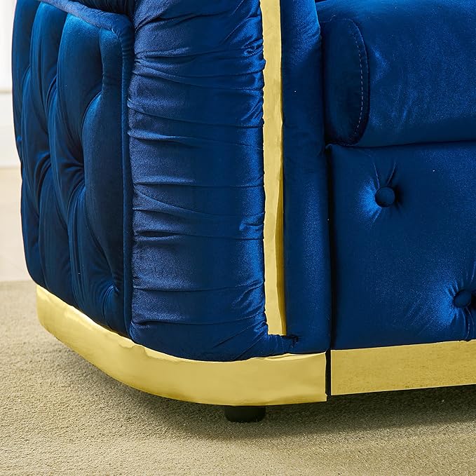 KEIKI 85" Luxury Oversized Velvet Chesterfield Sofa with 2 Pillow & Gold Stainless Decoration, Italian Modern Style 3-Seater Button Tufted Couch with Rolled Arms, Easy Assembly, for Living Room, Navy