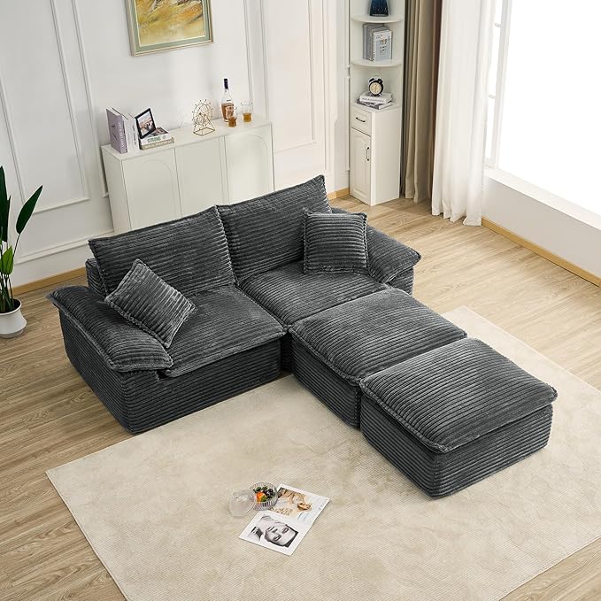 Comfy Boneless Cloud Sofa Chaise Oversized Fluffy Corduroy Upholstered Chaise Lounge for Living Room Bedroom, Modular Compressed Foam Cloud Daybed, Single Seat Sofa
