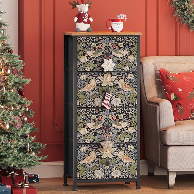 Dresser for Bedroom with 4 Drawer Strawberry Thief Dresser Vintage Storage Tower Unit Nightstand for Living Room Hallway Kids Room Closet Sturdy Steel Frame Wooden Top, Brown by EXOTICA