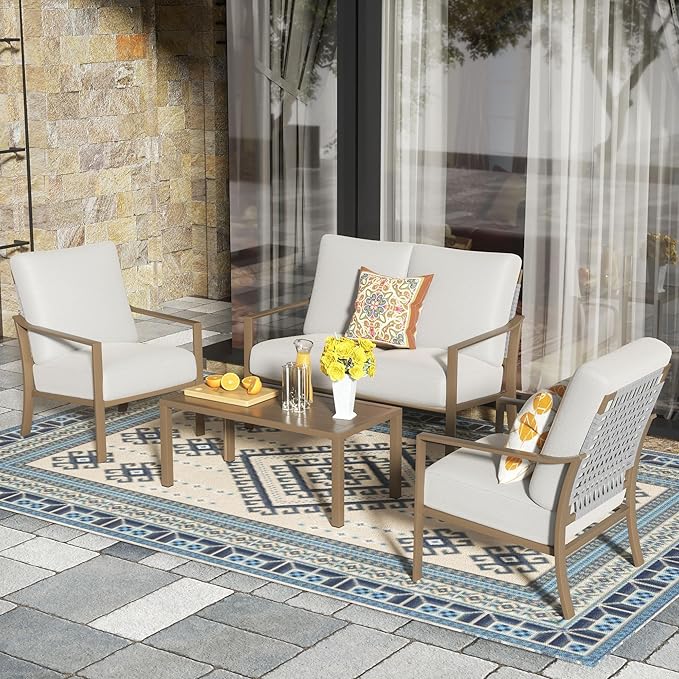 NATURAL EXPRESSIONS 4 Pieces Patio Furniture Sets,Modern Metal Outdoor Conversation Sets with All Weather Hand-Woven Rope Chairs,High Back Frame,Metal Table, 6" Thick Olefin Cushions for Yard,Garden