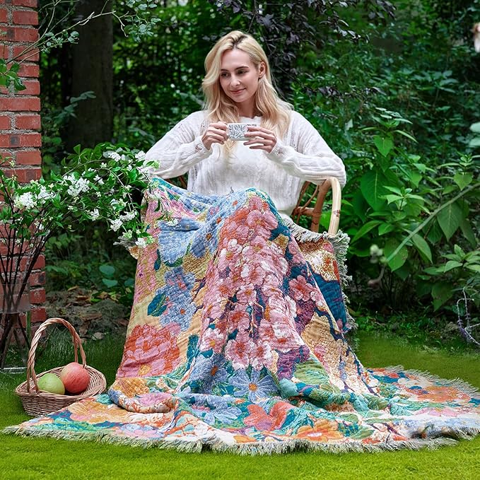 LUTBM Boho Throw Blanket for Bed Cotton Spring Blankets for Bedroom Living Room All Season Lightweight Floral Embroidery Reversible Twin Quilt for Couch Sofa Chair 60"x80" Home Decor