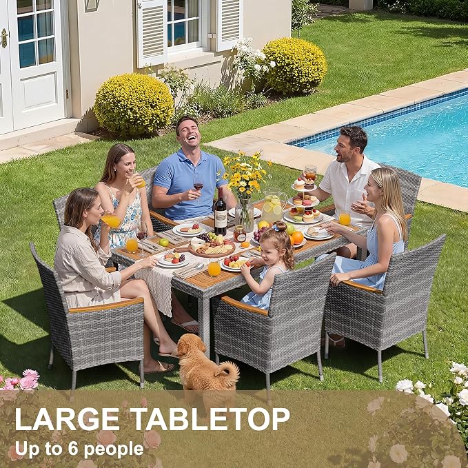 Devoko Dining 7 PCS Furniture, Patio Conversation Set with Acacia Wood Table Top, Outdoor, Beige Cushion and Grey Rattan - Image 2
