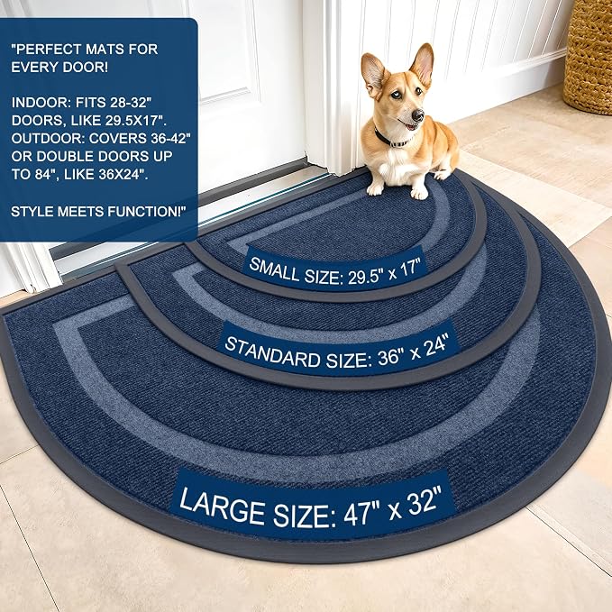 OLANLY Half Circle Door Mat Indoor Outdoor Entrance Welcome, Waterproof All-Season, All-Weather Doormat, Sturdy Natural Rubber, Low Profile, Easy Clean Patio Porch Entryway Mat, 47x32, Blue - Image 2